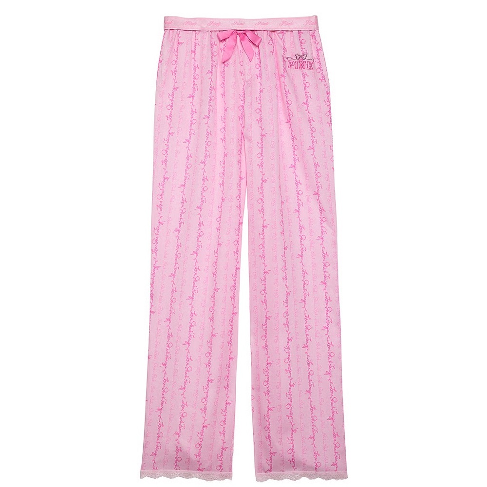 PINK x LoveShackFancy Silky Sleep Pants Pink Floral Logo Lounge Pajama Bottoms - Picture 6 of 12